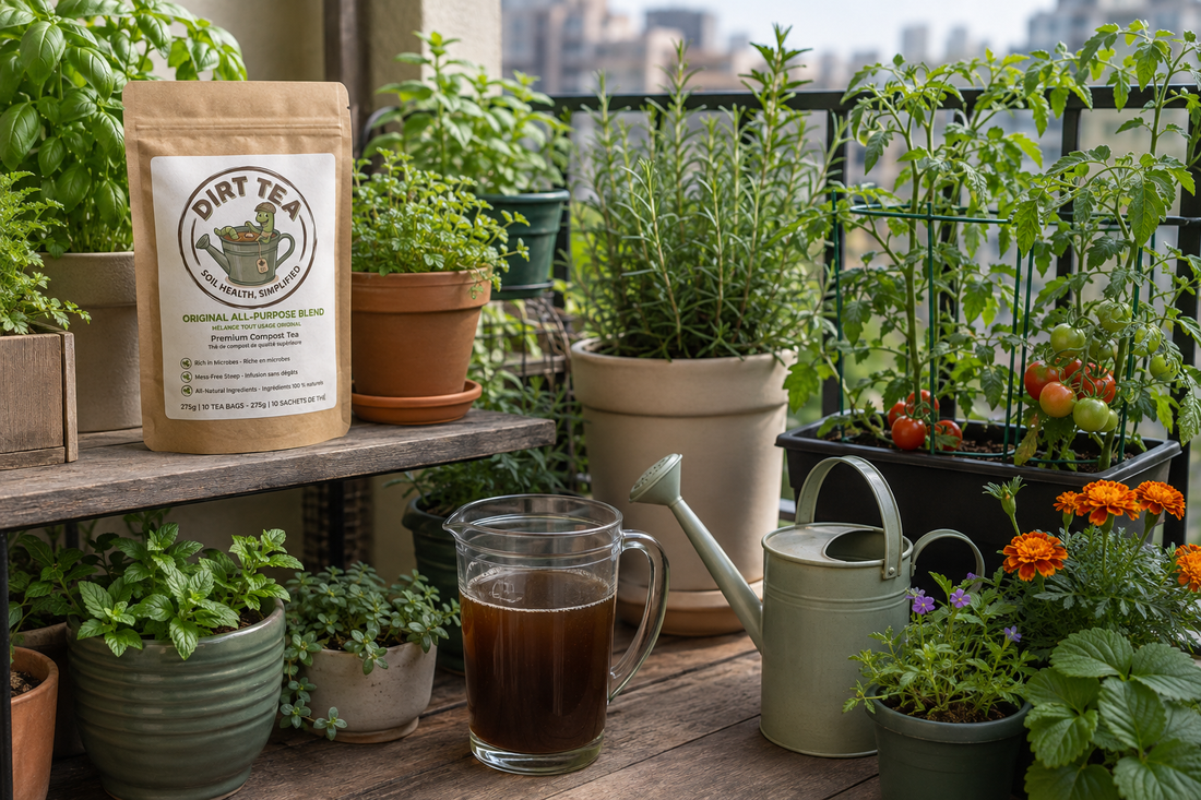 Dirt Tea compost tea for a balcony container garden.