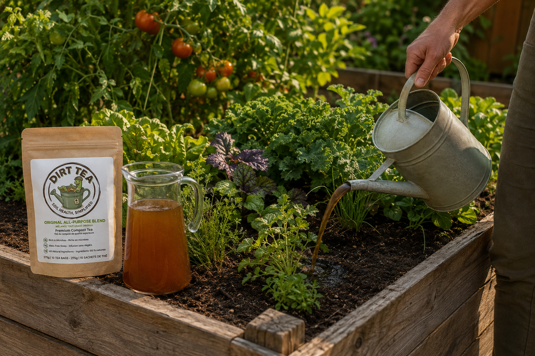 Dirt Tea compost tea being applied to a raised bed garden.