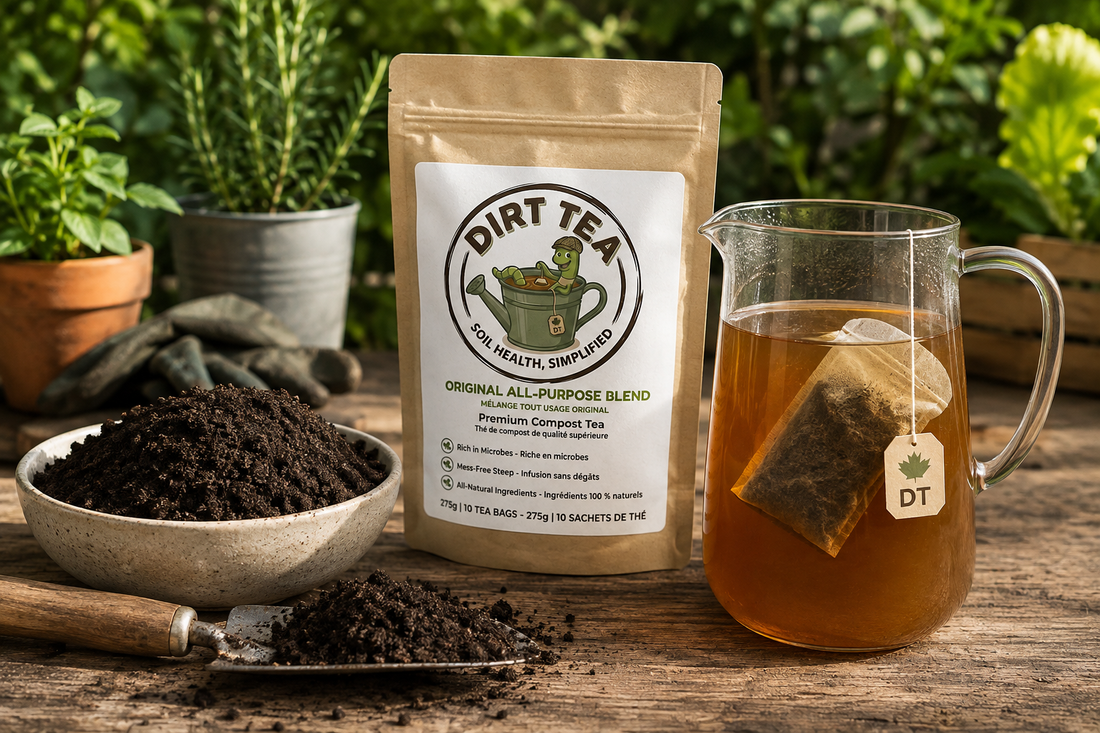Worm castings beside Dirt Tea compost tea bags.