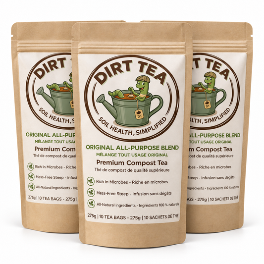 Three pouches of Dirt Tea natural soil supplement on a white background